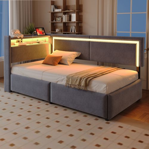 Lit Simple 90x200 Cm, Tête De Lit Avec Rangement, 2 Tiroirs LED, Ports USB, Velours, Gris