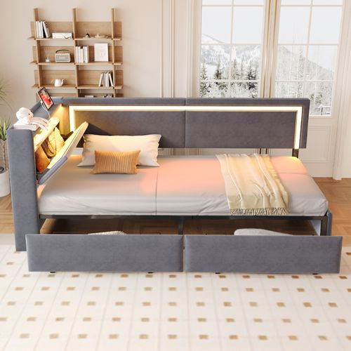 Lit Simple 90x200 Cm, Tête De Lit Avec Rangement, 2 Tiroirs LED, Ports USB, Velours, Gris