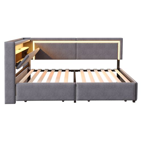 Lit Simple 90x200 Cm, Tête De Lit Avec Rangement, 2 Tiroirs LED, Ports USB, Velours, Gris