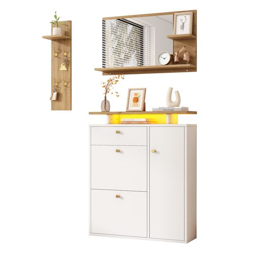 Meuble D'entrée 3 Pièces, Éclairage LED, Miroir, 3 Portes, Tiroir, Panneau De Particules, Blanc+bois