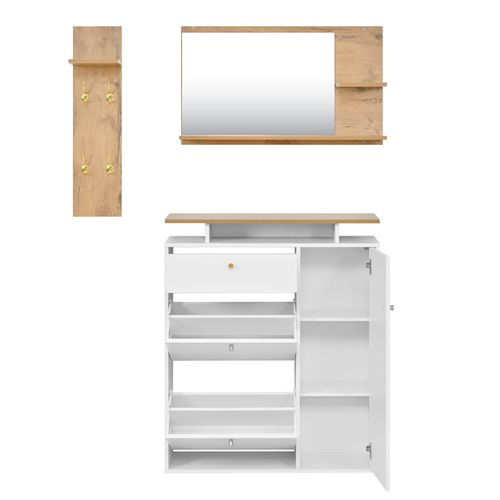 Meuble D'entrée 3 Pièces, Éclairage LED, Miroir, 3 Portes, Tiroir, Panneau De Particules, Blanc+bois