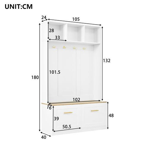 Meuble D'entrée 105x40x180 Cm, Banc Et Rangement, 2 Portes, Mdf, Panneaux De Particules, Blanc+bois