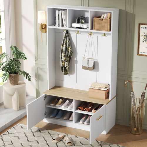 Meuble D'entrée 105x40x180 Cm, Banc Et Rangement, 2 Portes, Mdf, Panneaux De Particules, Blanc+bois