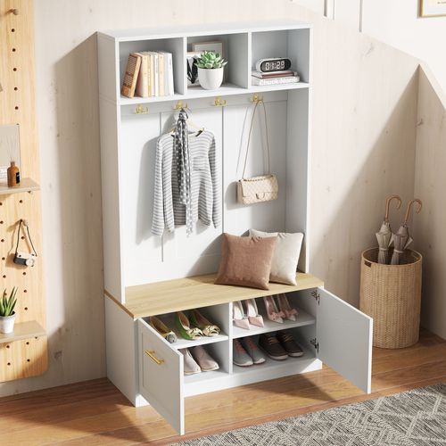 Meuble D'entrée 105x40x180 Cm, Banc Et Rangement, 2 Portes, Mdf, Panneaux De Particules, Blanc+bois