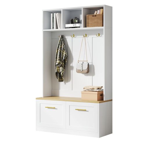 Meuble D'entrée 105x40x180 Cm, Banc Et Rangement, 2 Portes, Mdf, Panneaux De Particules, Blanc+bois