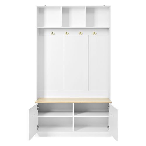 Meuble D'entrée 105x40x180 Cm, Banc Et Rangement, 2 Portes, Mdf, Panneaux De Particules, Blanc+bois