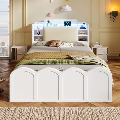 Lit Coffre 90x200 Cm, Ports USB Et Type C, Éclairage LED, Rangement Caché, Pin Et Mdf, Blanc