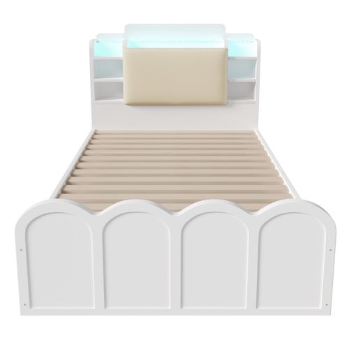 Lit Coffre 90x200 Cm, Ports USB Et Type C, Éclairage LED, Rangement Caché, Pin Et Mdf, Blanc