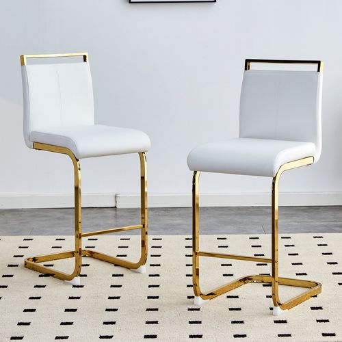 Lot De 2 Tabourets De Bar 51.3x35.5x96.5 Cm, Design Élégant, Métal Et Pu, Blanc Et Doré