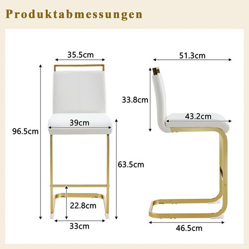 Lot De 2 Tabourets De Bar 51.3x35.5x96.5 Cm, Design Élégant, Métal Et Pu, Blanc Et Doré