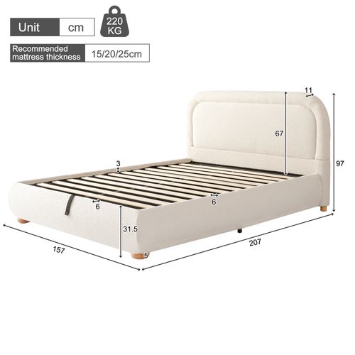 Lit Coffre Double 140x190 Cm, Rangement Caché, Tissu Bouclé, Métal, Bois,,couleur Beige