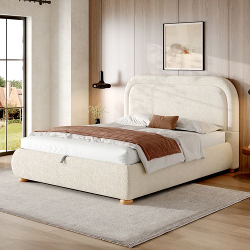 Lit Coffre Double 140x190 Cm, Rangement Caché, Tissu Bouclé, Métal, Bois,,couleur Beige