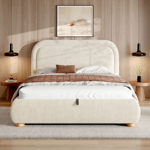 Lit Coffre Double 140x190 Cm, Rangement Caché, Tissu Bouclé, Métal, Bois,,couleur Beige