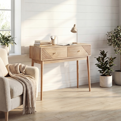 Console Bureau 100x35x80 Cm, 2 Tiroirs De Rangement, Mdf Et Panneaux De Particules, Couleur Bois