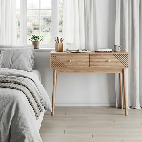 Console Bureau 100x35x80 Cm, 2 Tiroirs De Rangement, Mdf Et Panneaux De Particules, Couleur Bois