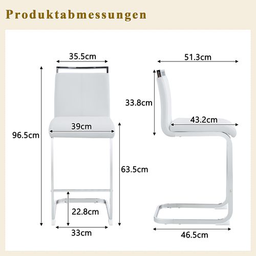 Lot De 2 Tabourets De Bar 51.3x35.5x96.5 Cm, Pu, Design Simple, Pieds Métal Argenté, Blanc