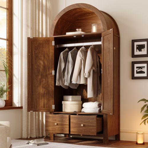 Armoire 78x45x181 Cm, 2 Portes Arche En Rotin Tressé, Poignées Dorées, 2 Tiroirs Et Tringle, Brun