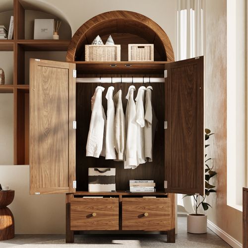 Armoire 78x45x181 Cm, 2 Portes Arche En Rotin Tressé, Poignées Dorées, 2 Tiroirs Et Tringle, Brun