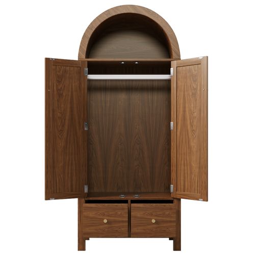 Armoire 78x45x181 Cm, 2 Portes Arche En Rotin Tressé, Poignées Dorées, 2 Tiroirs Et Tringle, Brun