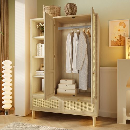 Armoire 120x50x180 Cm, 2 Portes Avec Tressage En Rotin, 2 Tiroirs, 4 Niches, En Bois, Couleur Bois