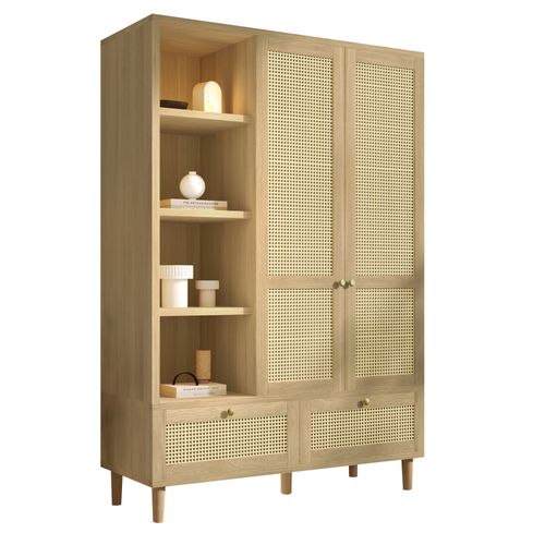 Armoire 120x50x180 Cm, 2 Portes Avec Tressage En Rotin, 2 Tiroirs, 4 Niches, En Bois, Couleur Bois
