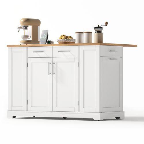 Îlot De Cuisine 138x56-86x92 Cm, 3 Portes, 4 Tiroir, Plateau Rabattable, Prises USB, Mdf, Blanc+bois