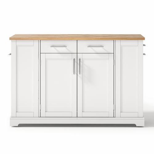 Îlot De Cuisine 138x56-86x92 Cm, 3 Portes, 4 Tiroir, Plateau Rabattable, Prises USB, Mdf, Blanc+bois