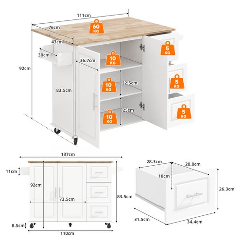 Îlot De Cuisine 137x43-76x92 Cm, Plateau Rabattable 111x76 Cm, 3 Tiroirs, Roulettes, Mdf, Blanc+bois