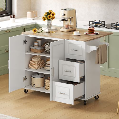 Îlot De Cuisine 137x43-76x92 Cm, Plateau Rabattable 111x76 Cm, 3 Tiroirs, Roulettes, Mdf, Blanc+bois