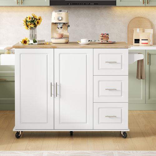 Îlot De Cuisine 137x43-76x92 Cm, Plateau Rabattable 111x76 Cm, 3 Tiroirs, Roulettes, Mdf, Blanc+bois