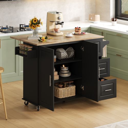 Îlot De Cuisine Mobile 137x43(76)x92 Cm, Plan De Travail Rabattable, 3 Tiroirs, Mdf, Couleur Noir