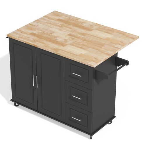 Îlot De Cuisine Mobile 137x43(76)x92 Cm, Plan De Travail Rabattable, 3 Tiroirs, Mdf, Couleur Noir