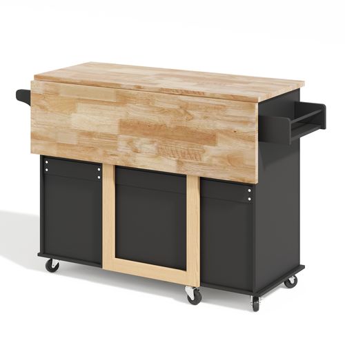 Îlot De Cuisine Mobile 137x43(76)x92 Cm, Plan De Travail Rabattable, 3 Tiroirs, Mdf, Couleur Noir