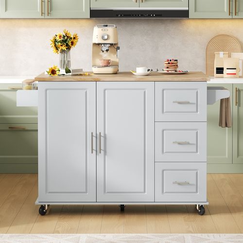 Îlot De Cuisine 137x43-76x92 Cm, 3 Tiroirs, Plan Rabattable 111x76 Cm, Mdf, Roulettes, Gris+bois