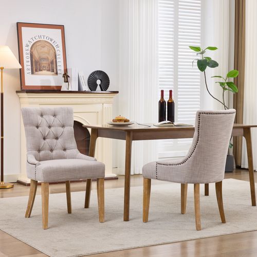 Lot De 2 Chaise De Salle à Manger 63x56x92.5 Cm, Clous Décoratifs, Tissu, Bois, Beige