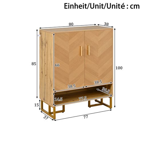 Meuble à Chaussures 80x38x100 Cm, 2 Portes, 1 Niche, Pieds Dorés, Mdf, Couleur Bois+doré