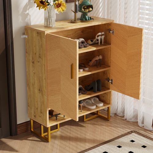 Meuble à Chaussures 80x38x100 Cm, 2 Portes, 1 Niche, Pieds Dorés, Mdf, Couleur Bois+doré