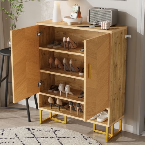 Meuble à Chaussures 80x38x100 Cm, 2 Portes, 1 Niche, Pieds Dorés, Mdf, Couleur Bois+doré