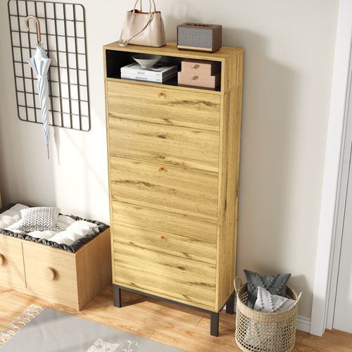 Meuble à Chaussures 63x24x147 Cm, 3 Portes à Bascule, 1 Niche, Mdf, Fer, Couleur Bois+noir