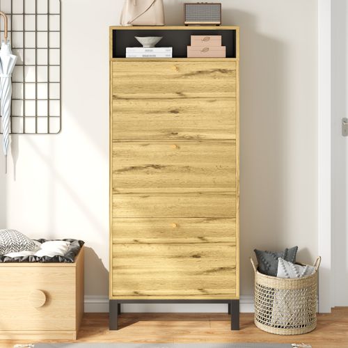 Meuble à Chaussures 63x24x147 Cm, 3 Portes à Bascule, 1 Niche, Mdf, Fer, Couleur Bois+noir