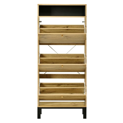 Meuble à Chaussures 63x24x147 Cm, 3 Portes à Bascule, 1 Niche, Mdf, Fer, Couleur Bois+noir