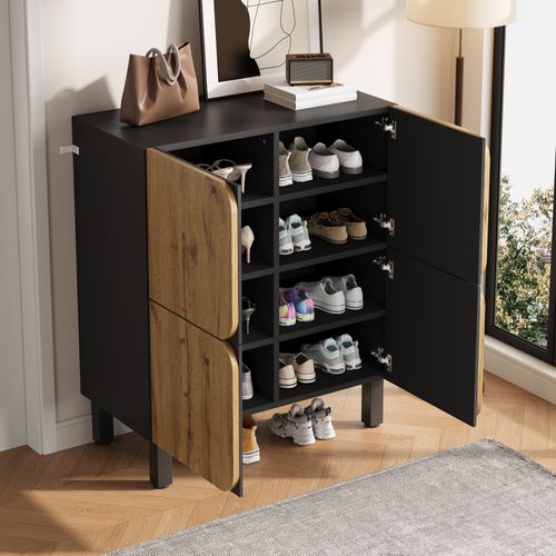 Meuble à Chaussures 80x38,5x95 Cm, 4 Portes Arrondies, Mdf, Couleur Bois+noir