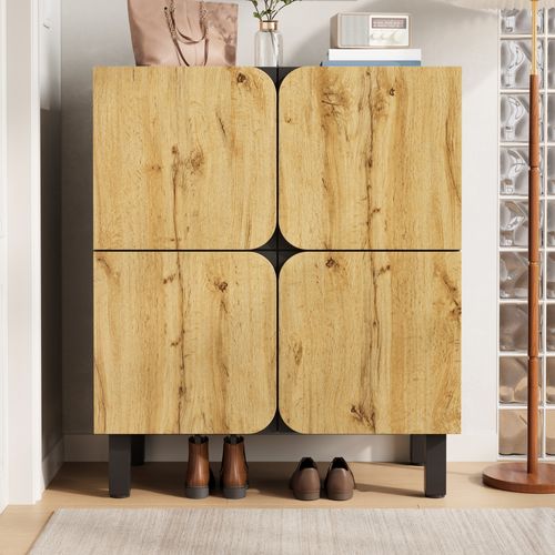 Meuble à Chaussures 80x38,5x95 Cm, 4 Portes Arrondies, Mdf, Couleur Bois+noir