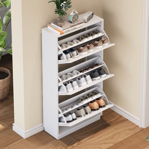 Meuble à Chaussures 63x24x120 Cm, 3 Abattants Avec Petit Miroir Rond, Profil Vertical, Mdf, Blanc