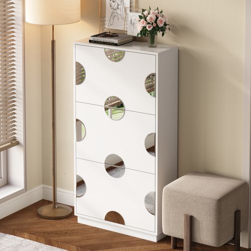 Meuble à Chaussures 63x24x120 Cm, 3 Abattants Avec Petit Miroir Rond, Profil Vertical, Mdf, Blanc