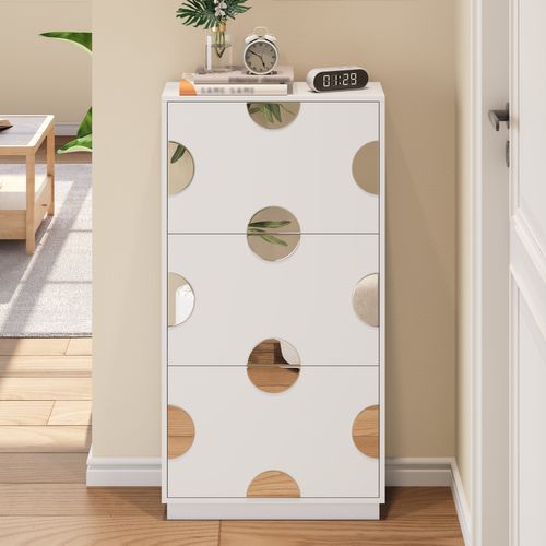 Meuble à Chaussures 63x24x120 Cm, 3 Abattants Avec Petit Miroir Rond, Profil Vertical, Mdf, Blanc