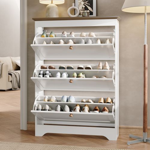 Meuble à Chaussures 87x26x120 Cm, 3 Portes à Bascule, Grand Volume, Mdf, Blanc+brun