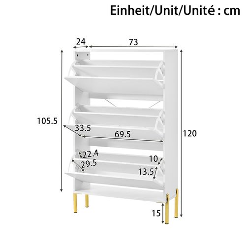 Meuble à Chaussures 73x24x105.5 Cm, 3 Portes à Bascule, Mdf, Pieds Dorés, Blanc+doré