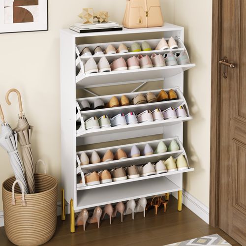 Meuble à Chaussures 73x24x105.5 Cm, 3 Portes à Bascule, Mdf, Pieds Dorés, Blanc+doré