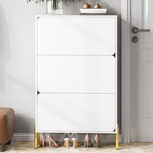 Meuble à Chaussures 73x24x105.5 Cm, 3 Portes à Bascule, Mdf, Pieds Dorés, Blanc+doré